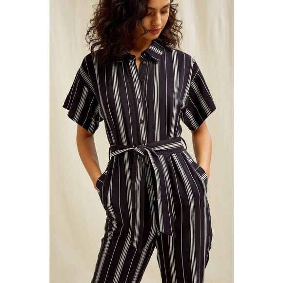 People Tree Organic Cotton Handwoven Jesalyn Stripe Jumpsuit Black $160 sz 8 - Picture 3 of 11
